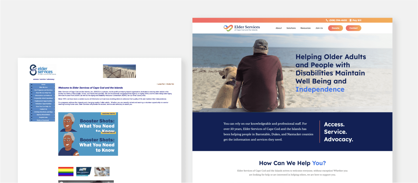 Old ESCCI website homepage compared to the new ESCCI website homepage
