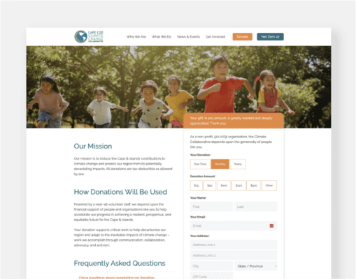 Screenshot of custom donation page for the Cape Cod Climate Change Collaborative