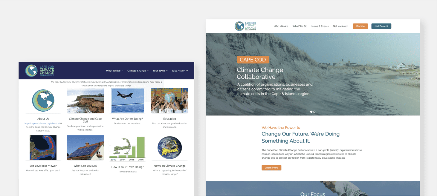Screenshot of old Cape Cod Climate Change Collaborative website homepage next to the new homepage