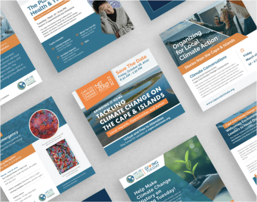 Image showing different graphic marketing materials for the Cape Cod Climate Change Collaborative