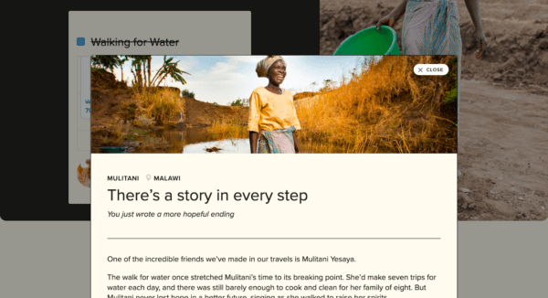 Screenshot of the confirmation page on Charity Water showcasing direct impact through a story